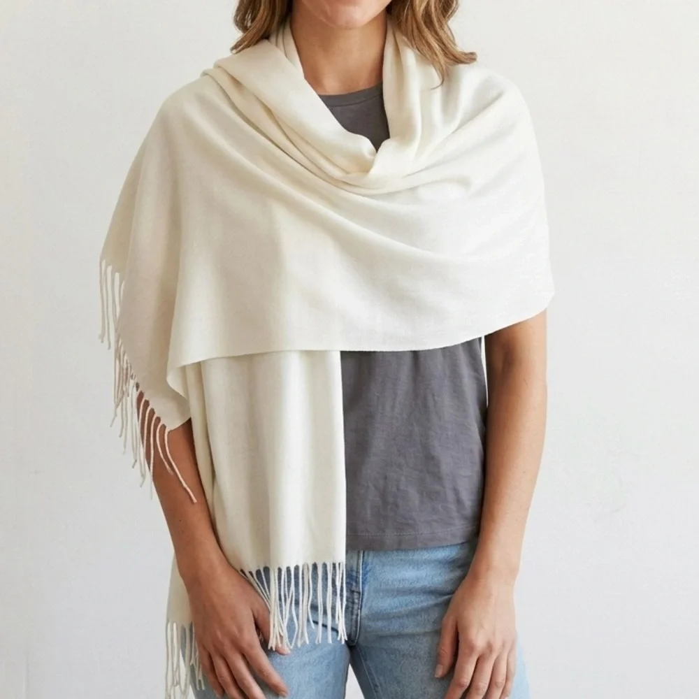 Off White Cream Pashmina Scarf Wrap Shawl Gauze Lightweight Tassel Fringe Solid